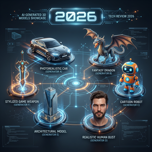 A circular tech showcase featuring six distinct AI-generated 3D models representing different platform capabilities