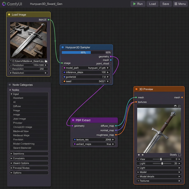 A node-based Hunyuan3D ComfyUI workflow showcasing image-to-3D generation, PBR material extraction, and a 3D preview of a medieval sword