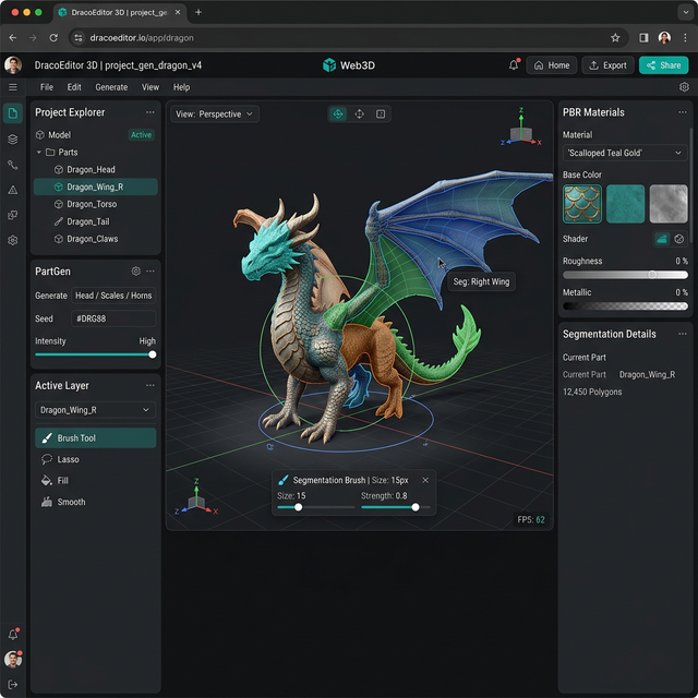 Hunyuan3D Studio interface displaying a highly detailed AI-generated dragon being edited with the new PartGen segmentation brush tool