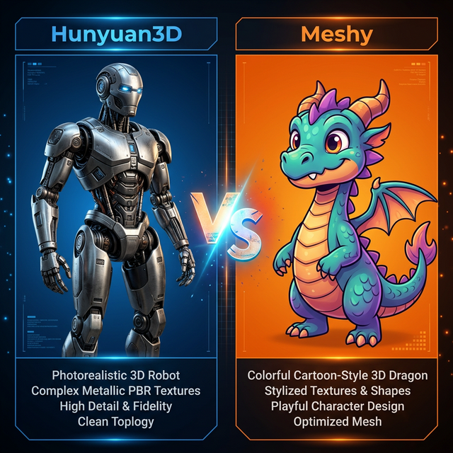 Hunyuan3D vs Meshy comparison showing a highly detailed metallic robot alongside a stylized colorful cartoon dragon