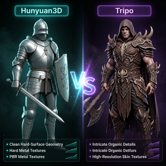 Hunyuan3D vs Tripo AI comparison showing a detailed hard-surface armor knight alongside an organic intricate fantasy warrior